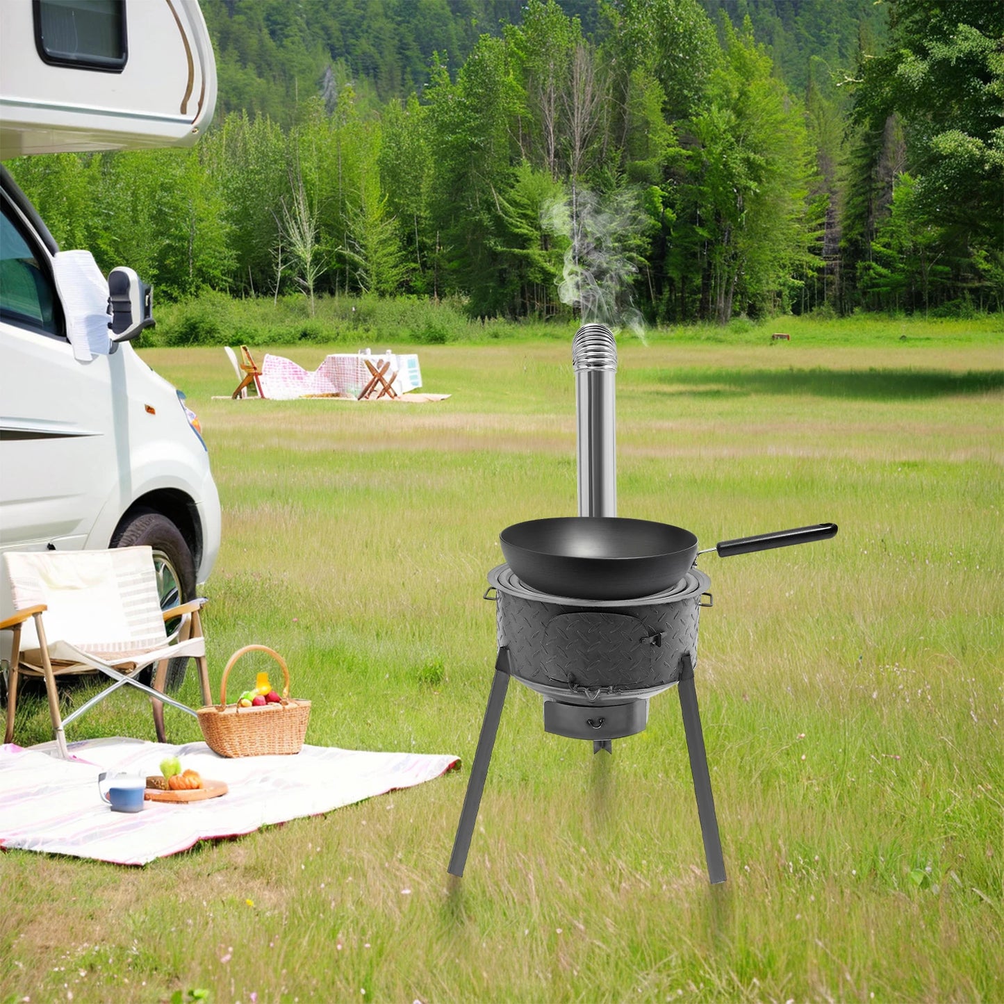 Wood Burning Stove with 3 Wok Rings Multifunction Camping Rocket Stove  for Outdoor Backyard Cooking