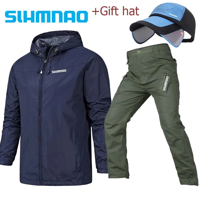2025 Spring and Autumn Hooded Waterproof Fishing Set, Outdoor Hunting Tactical Pants, Mountaineering Cycling Clothes