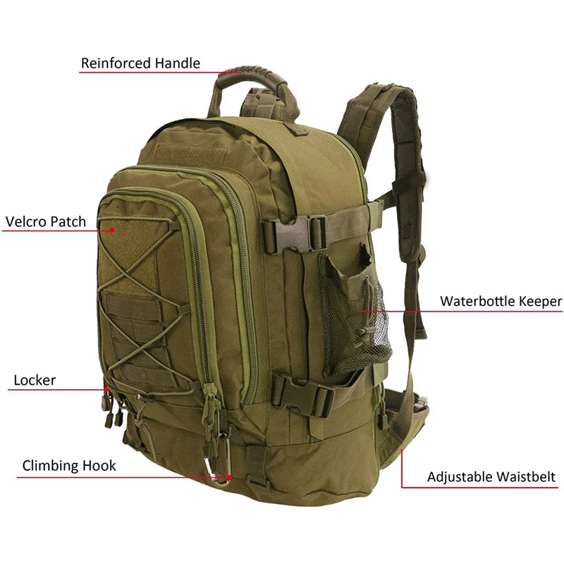 LQARMY 65L Outdoor Tactical Backpack Men's Outdoor Hiking Bag Large Capacity Military Army Bags Travelling Camping Rucksack