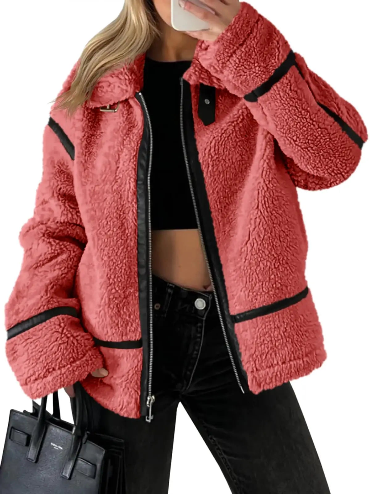 Womens Winter Autumn Daily 2025 Faux Fur Jackets Winter Trendy Sherpa Moto Leather Patchwork Zip Up Coat