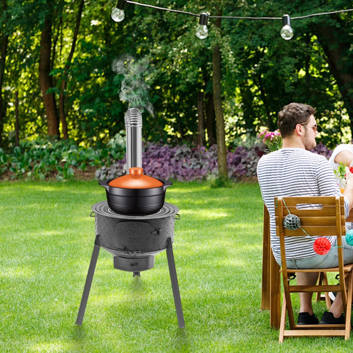 Wood Burning Stove with 3 Wok Rings Multifunction Camping Rocket Stove  for Outdoor Backyard Cooking