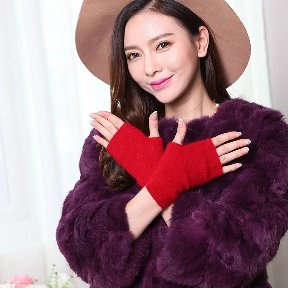 Mink Cashmere Gloves Autumn Winter Women Girl Gloves Fingerless Warm Knitted Wool Mitten Wrist Length Thumb Hole Mitts Fashion