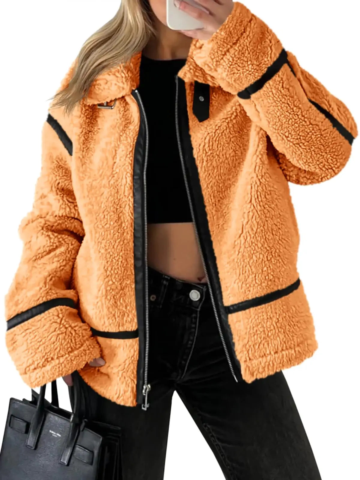 Womens Winter Autumn Daily 2025 Faux Fur Jackets Winter Trendy Sherpa Moto Leather Patchwork Zip Up Coat
