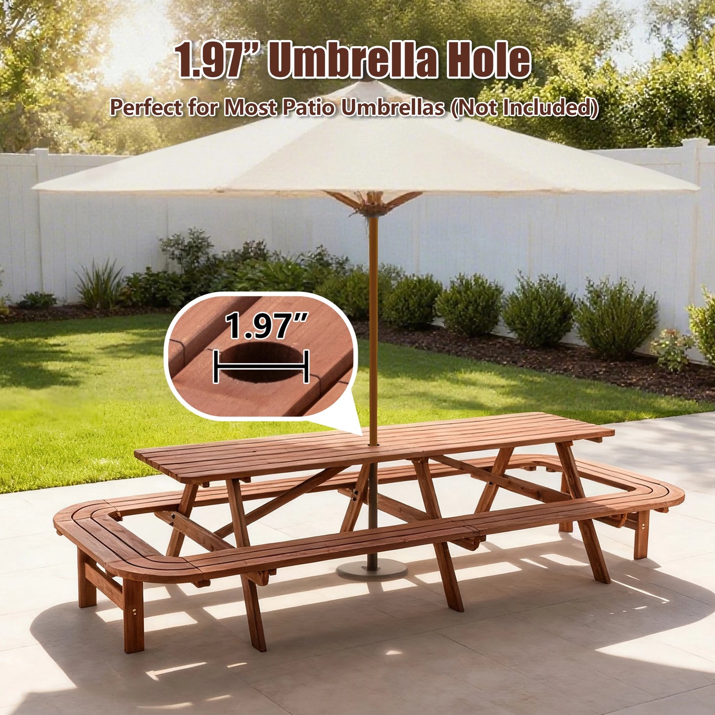 "16-Person Wooden Picnic Table w/ Umbrella Hole, Durable Outdoor Furniture for Patio, BBQ, Deck"