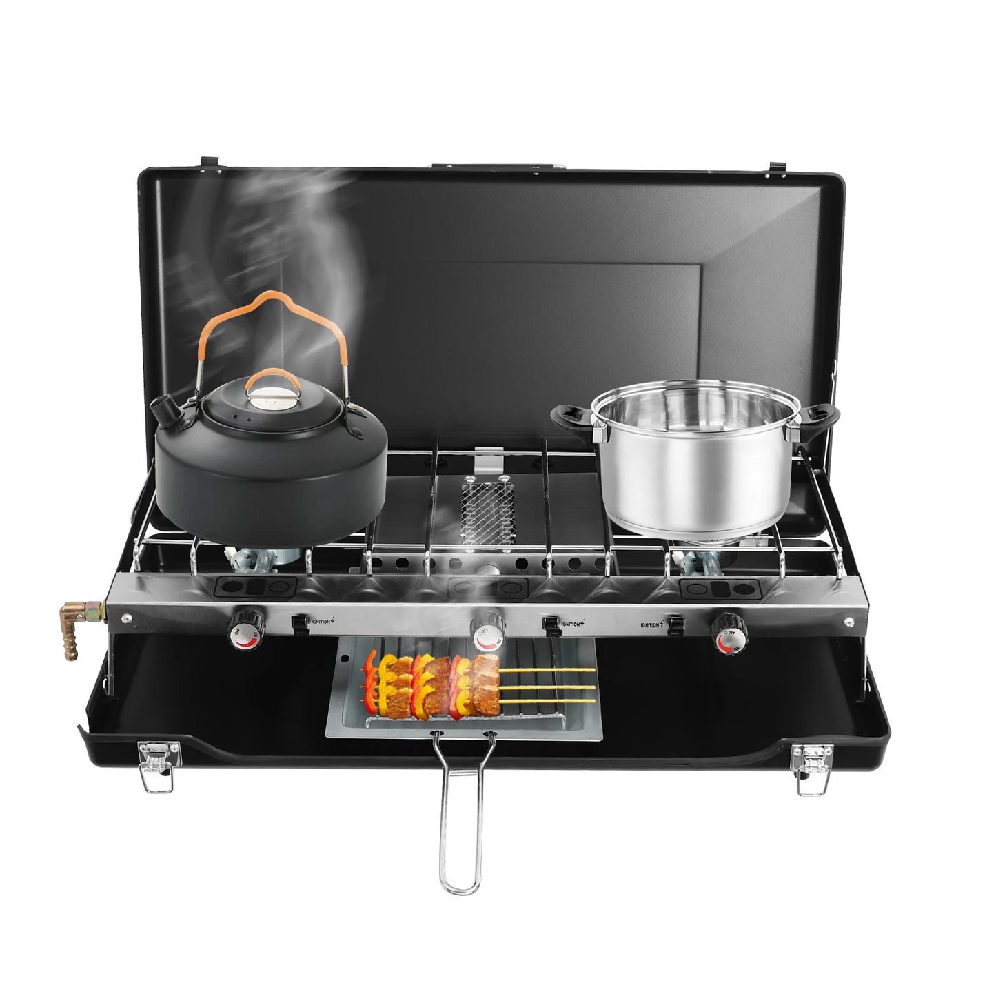 Portable Camping Stove with Griddle 3 Burner Propane Gas Stove Adjustable Windshield Folding for camping, barbecues, parties