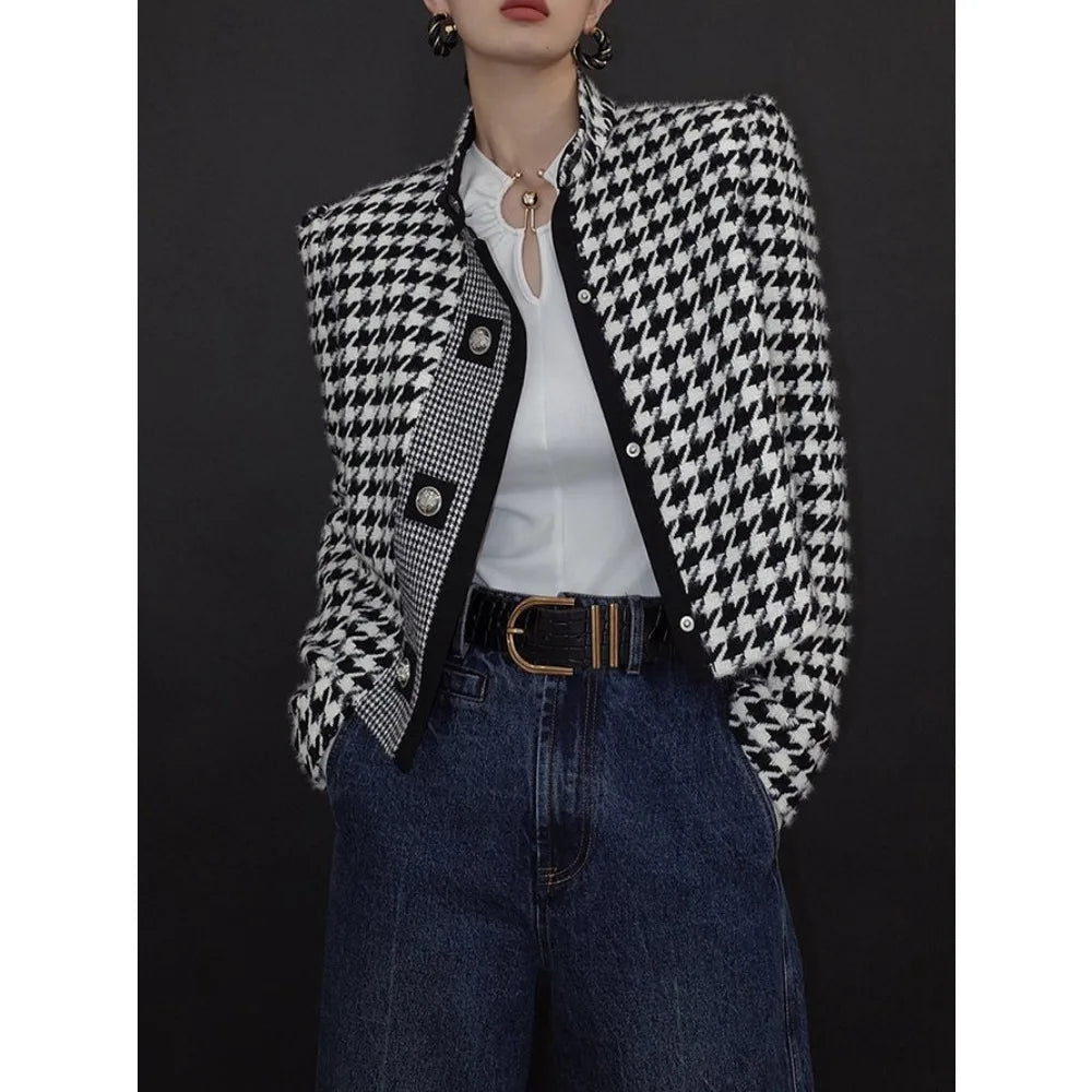 Women's Houndstooth Outerwears & Jacket Stand Collar Long Sleeves Autumn Winter Fall Clothes 2024 Women Classics Coat