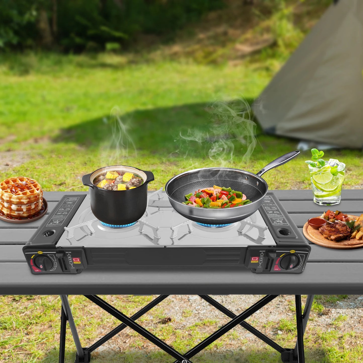 Double Head Barbecue Gas Stove Portable Camping Barbecue Stove with Baking Tray Outdoor Picnic Barbecue Tool