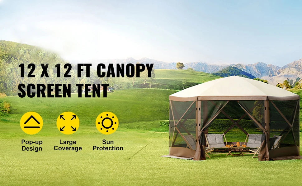 SucceBuy Pop-up Camping Gazebo Camping Canopy Shelter 6 Sided 12' x 12' Sun Shade Tents & Canopies Camping & Hiking
