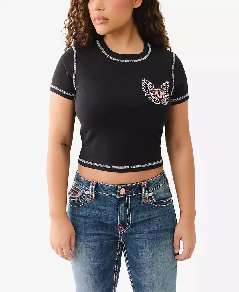 True Religion Women's Black Wings Crewneck T-Shirt Contrast Stitching Short Sleeve Running Fitness Sportswear
