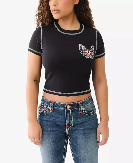 True Religion Women's Black Wings Crewneck T-Shirt Contrast Stitching Short Sleeve Running Fitness Sportswear