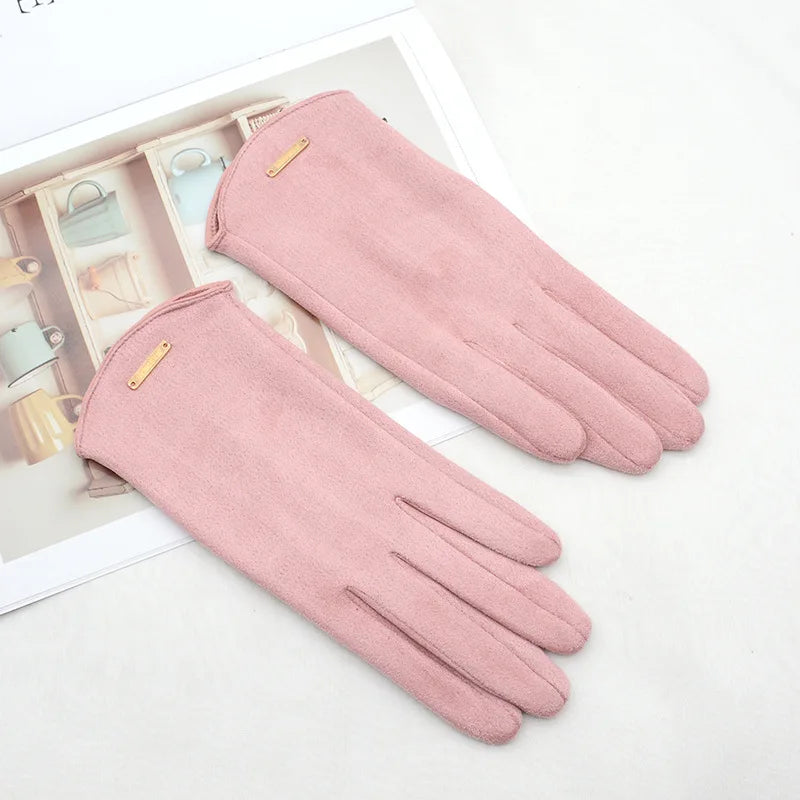Women Autumn Winter Keep Warm Touch Screen Thin Solid Simple Gloves Cycling Drive Suede Fabric Elegant Windproof