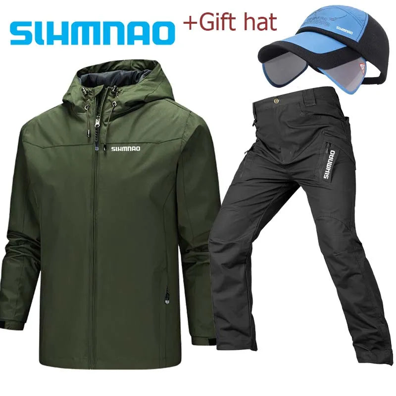 2025 Spring and Autumn Hooded Waterproof Fishing Set, Outdoor Hunting Tactical Pants, Mountaineering Cycling Clothes