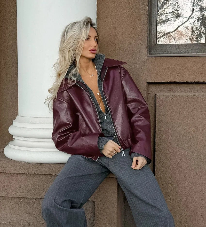 Retro motorcycle style wine red PU leather jacket for women 2025 autumn fashion matte leather jacket jacket