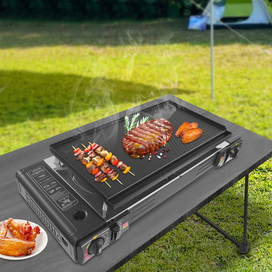 Double Head Barbecue Gas Stove Portable Camping Barbecue Stove with Baking Tray Outdoor Picnic Barbecue Tool