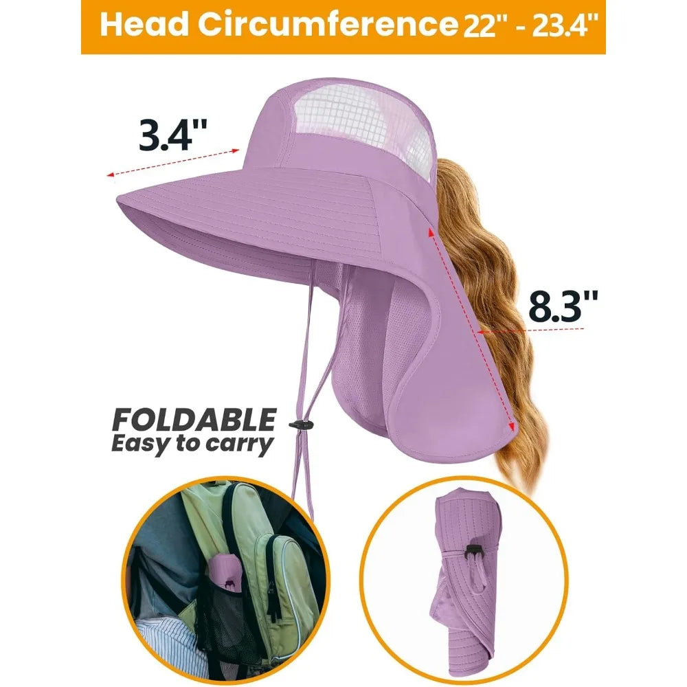 Sun Hats for Women UV Protection with Neck Flap Wide Brim Beach Hats with Ponytail Hole for Hiking Fishing Gardening Travel
