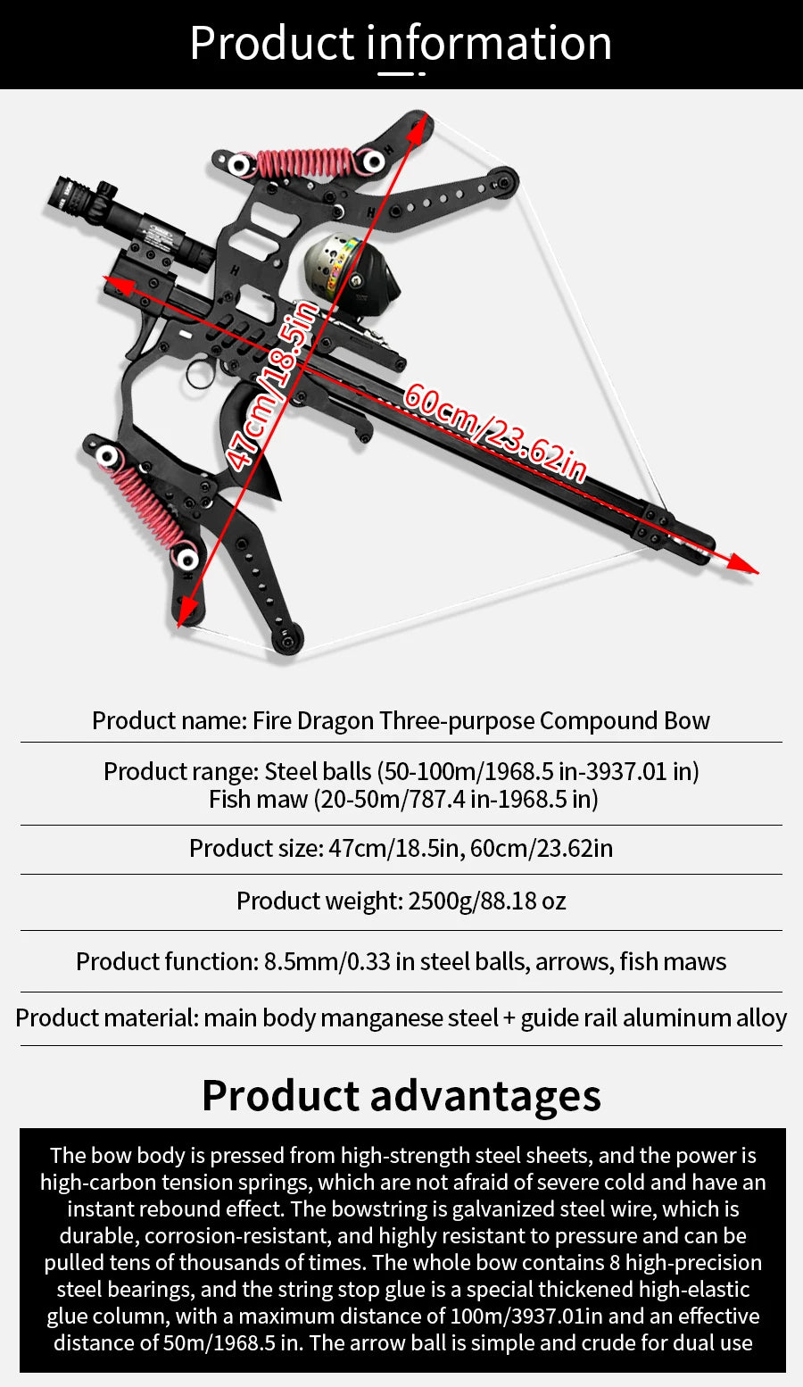 Fire Dragon Dual-Use Compound Bow with Fishing Reel and Sight-Fast Shooting Speed, Ultra-Stable for Hunting, Fishing and Archery