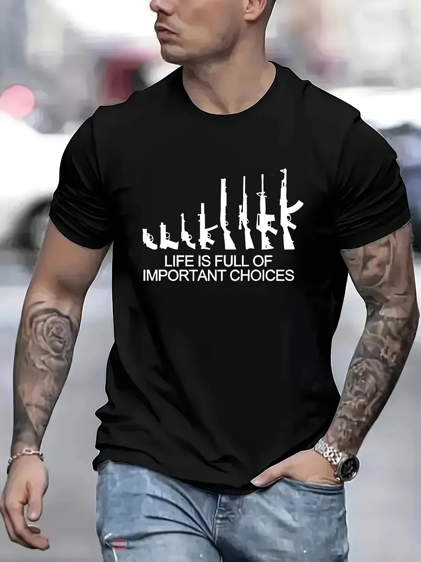 Gun Patterns Print Crew Neck Short Sleeve T shirt For Men Casual Summer T Shirt For Daily Wear And Vacation Resorts