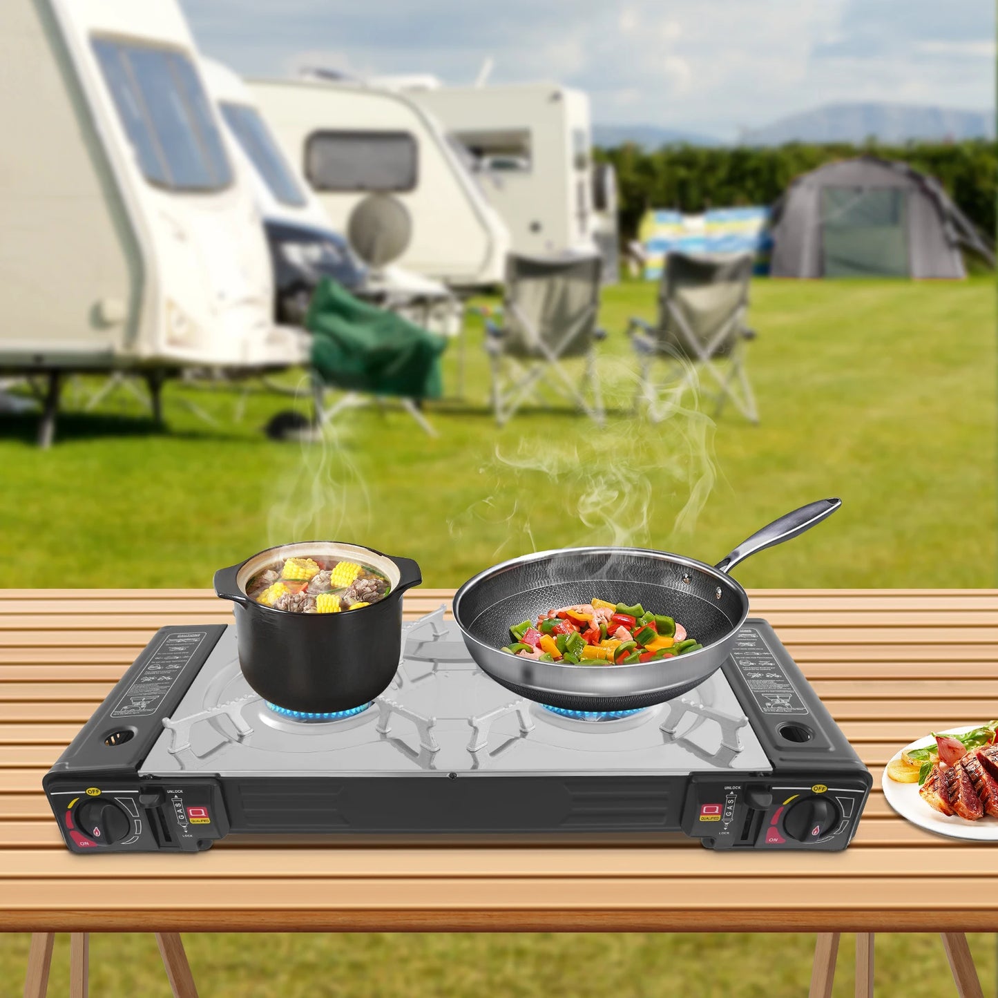 Double Head Barbecue Gas Stove Portable Camping Barbecue Stove with Baking Tray Outdoor Picnic Barbecue Tool
