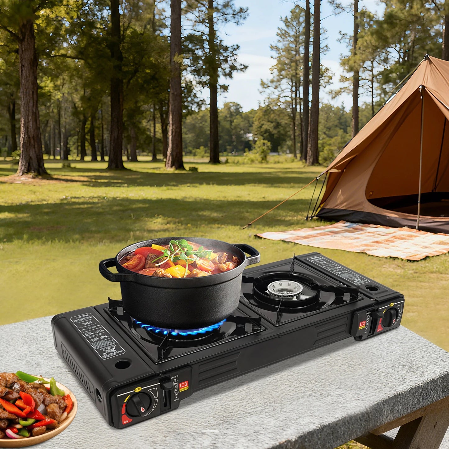 Portable Camping Stove Double Head Barbecue Gas stove with  2 Burners&Baking Tray for Home Application Outdoor Camping