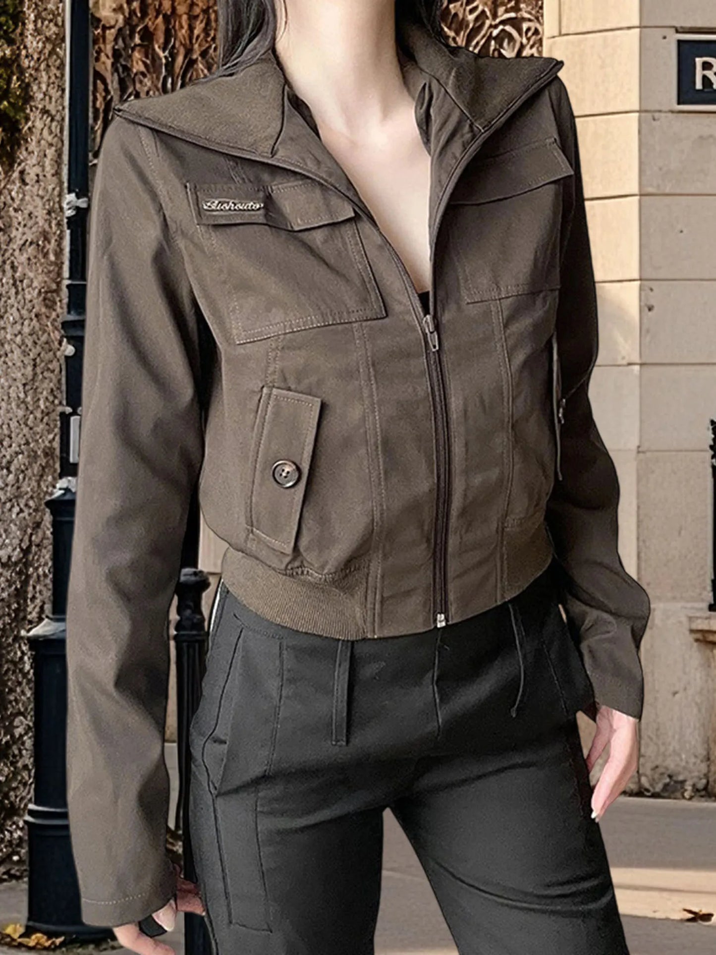 Women s Military Style Utility Jacket with Multiple Pockets and Drawstring Waist Casual Long Sleeve Zip Up Coat