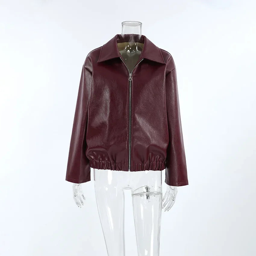 Retro motorcycle style wine red PU leather jacket for women 2025 autumn fashion matte leather jacket jacket