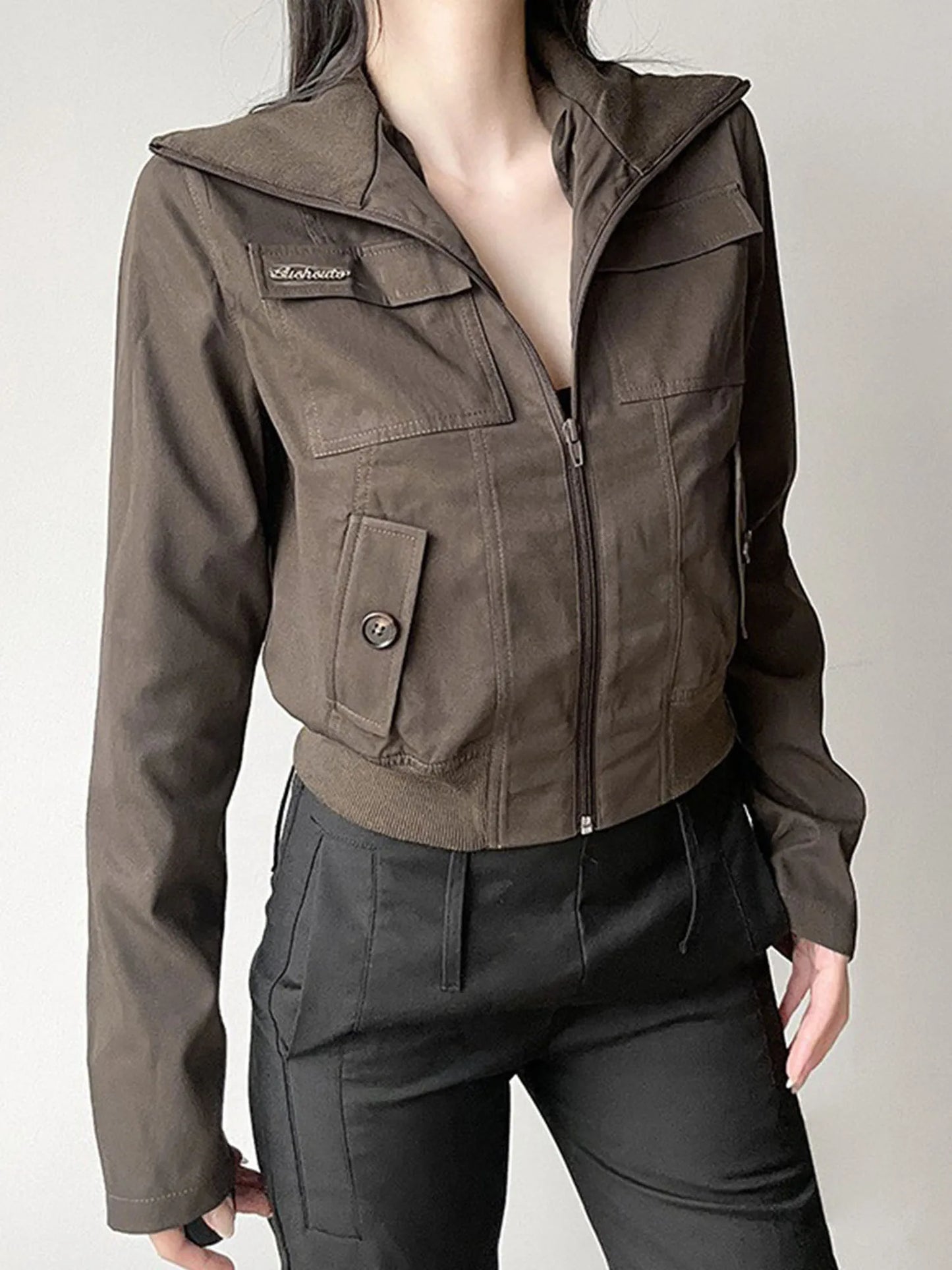Women s Military Style Utility Jacket with Multiple Pockets and Drawstring Waist Casual Long Sleeve Zip Up Coat
