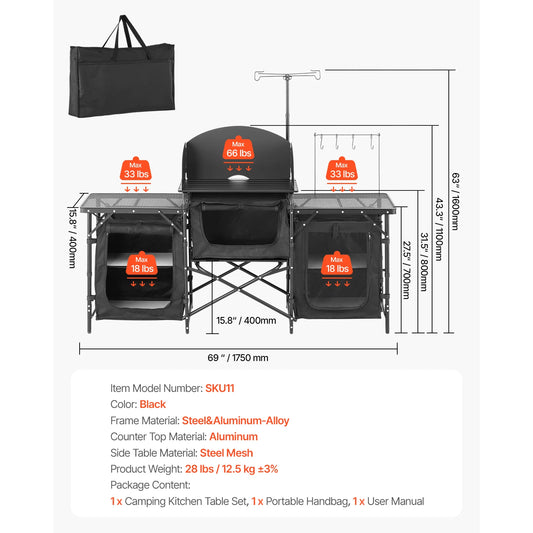 SucceBuy Camping Kitchen Table Aluminum Portable Cook Station with 3 Storage Cupboard Carrying Bag Quick Set-up for BBQ Picnic