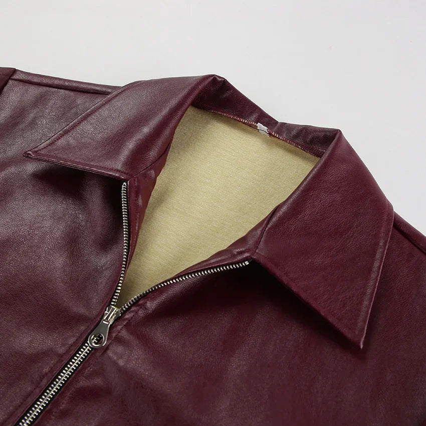 Retro motorcycle style wine red PU leather jacket for women 2025 autumn fashion matte leather jacket jacket