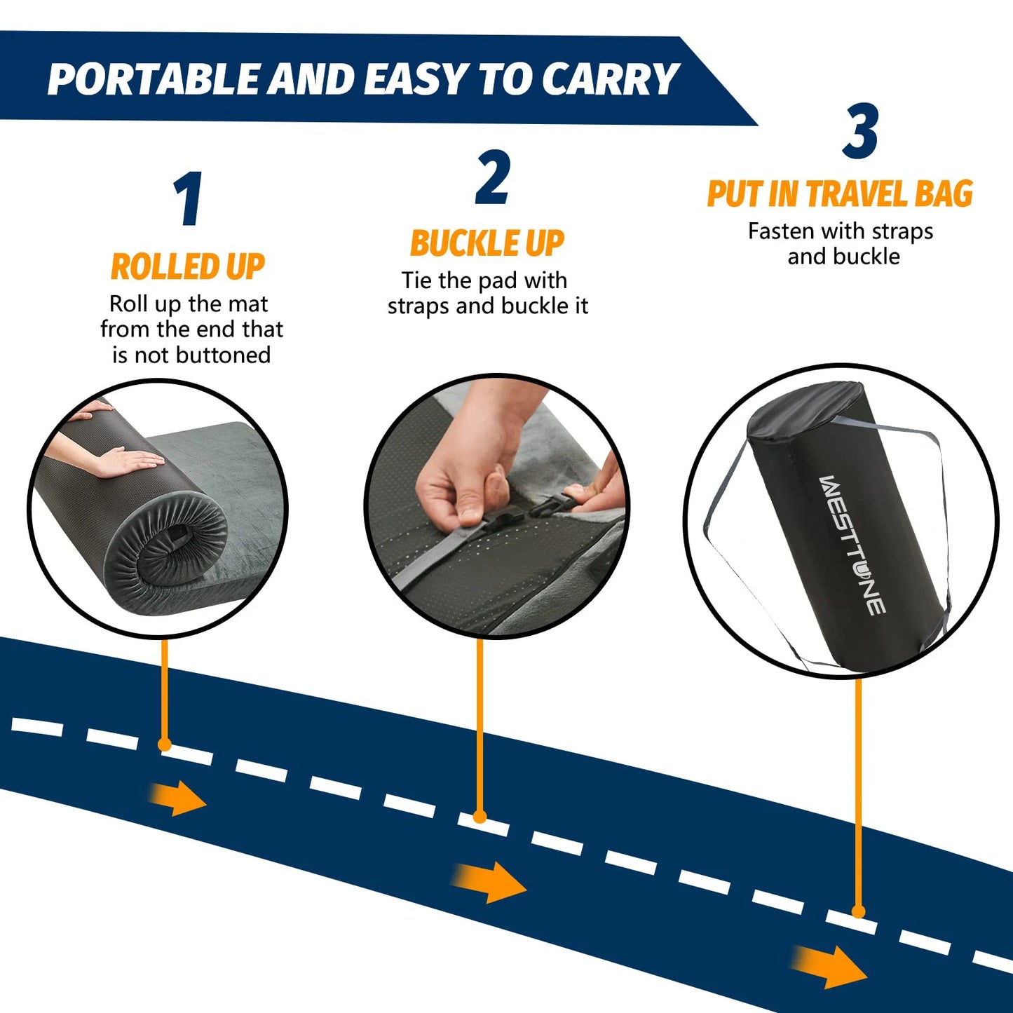 WESTTUNE Memory Foam Camping Sleeping Pad CertiPUR-US Mattress Portable Roll Up Cot Bed for Car Mat with Travel Bag Grey