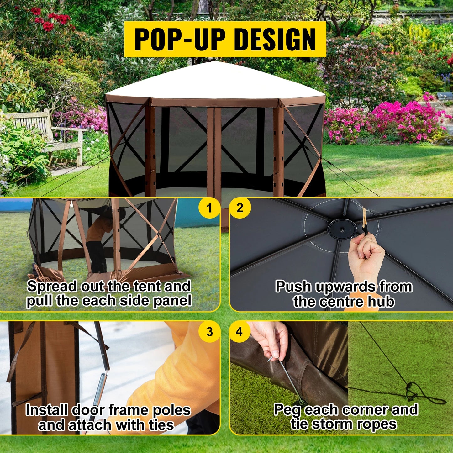SucceBuy Pop-up Camping Gazebo Camping Canopy Shelter 6 Sided 12' x 12' Sun Shade Tents & Canopies Camping & Hiking