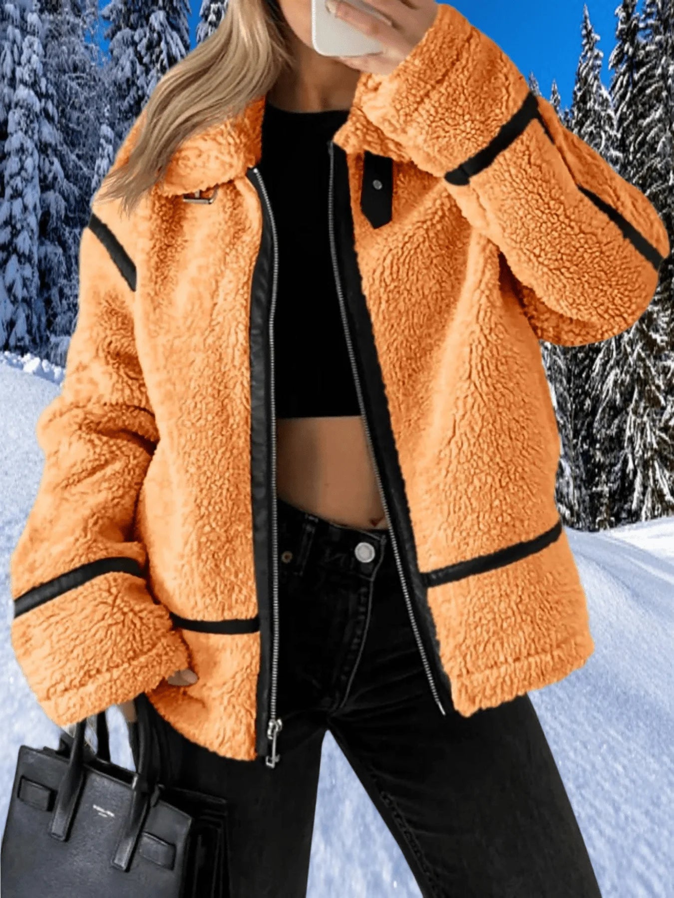 Womens Winter Autumn Daily 2025 Faux Fur Jackets Winter Trendy Sherpa Moto Leather Patchwork Zip Up Coat