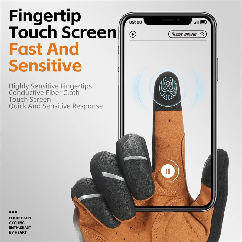 WEST BIKING Autumn Winter Men's Full Finger Cycling Gloves Touch Screen Anti-Slip Sports Gloves Thin Breathable  Bicycle Gloves