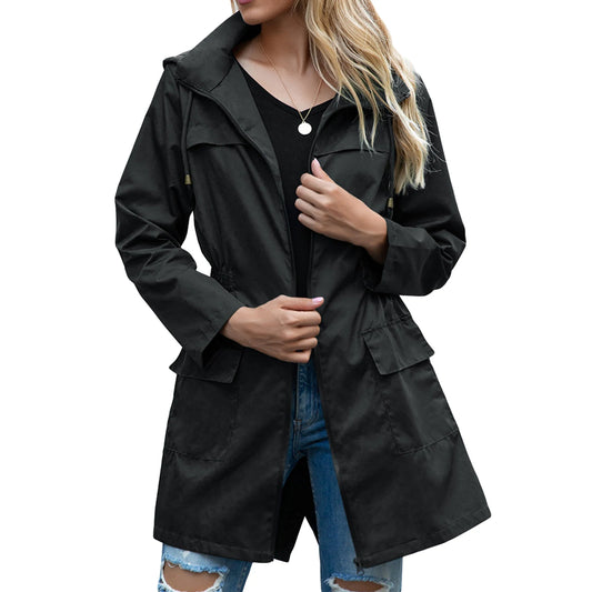 Women s Waterproof Hooded Lightweight Rain Jacket Outdoor Windproof Trench Coat Ladies Active Windbreaker with Pockets