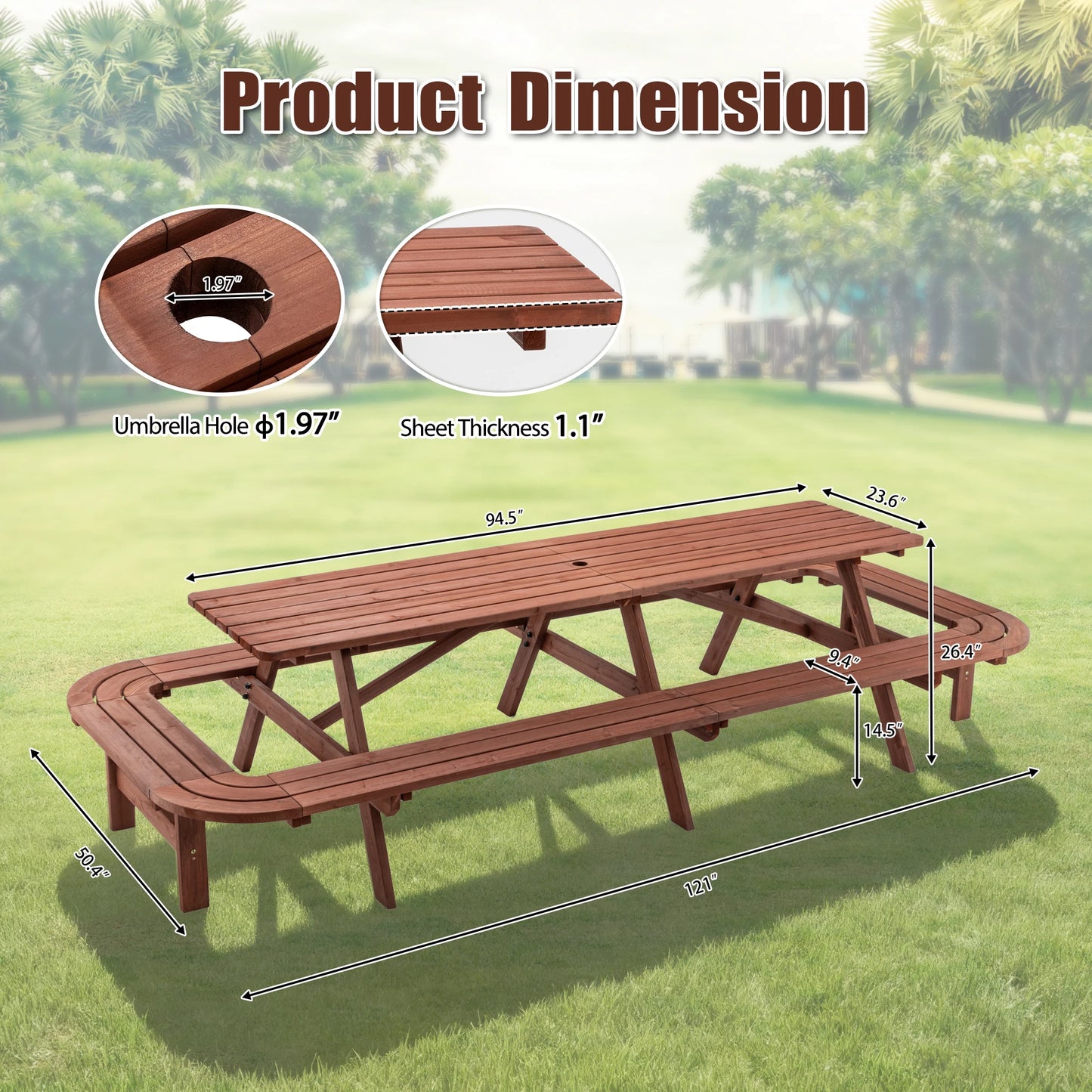 "16-Person Wooden Picnic Table w/ Umbrella Hole, Durable Outdoor Furniture for Patio, BBQ, Deck"