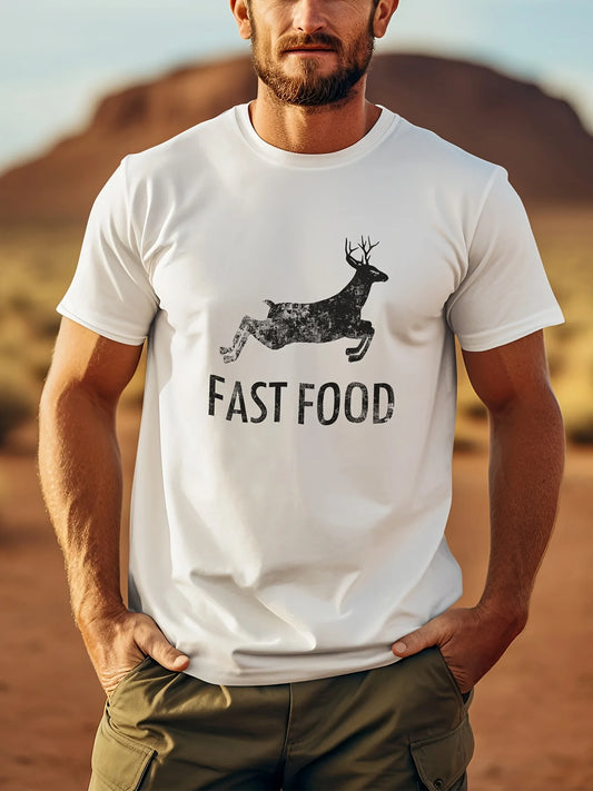 Funny Deer Hunting Tee - Men's Short Sleeve Graphic T-Shirt with Fast Food Print