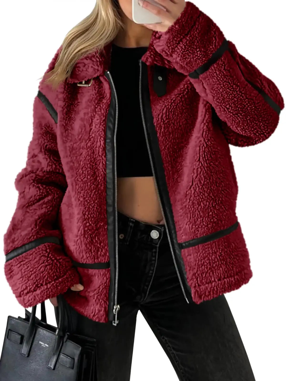 Womens Winter Autumn Daily 2025 Faux Fur Jackets Winter Trendy Sherpa Moto Leather Patchwork Zip Up Coat