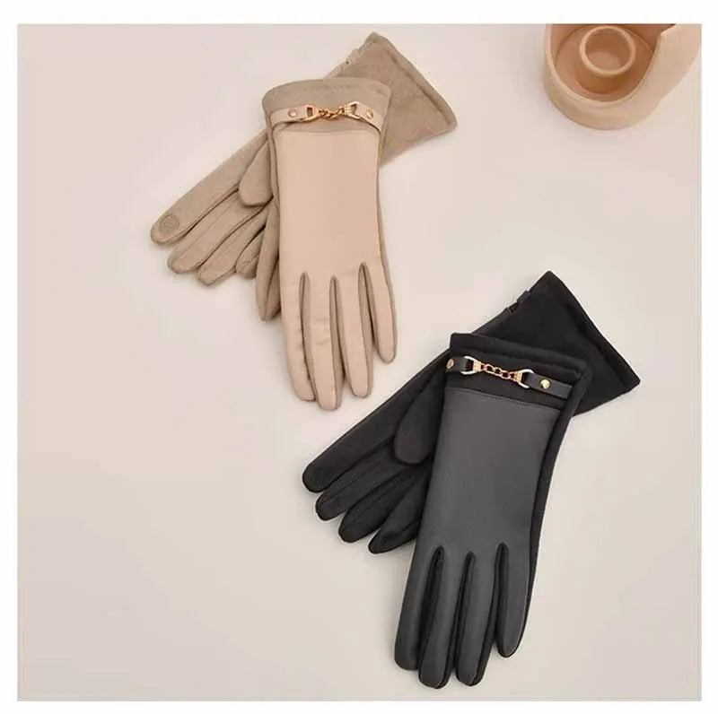 Winter Women Suede Leather Plus Velvet Keep Warm Chain Gloves Fashion Elegant Touch Screen Soft Drive Cycling Windproof Mittens
