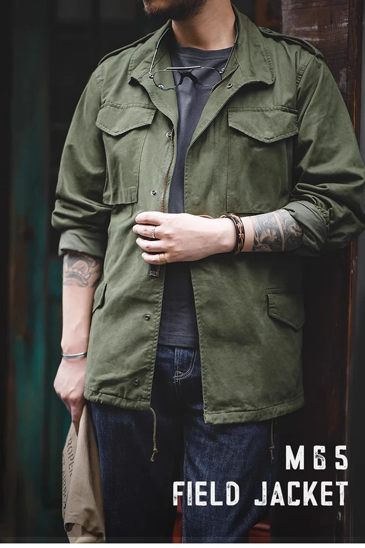 M65 Field Jacket, Men's Military Jacket, Retro Multi Pocket Collar Zipper Jacket, 100% Cotton