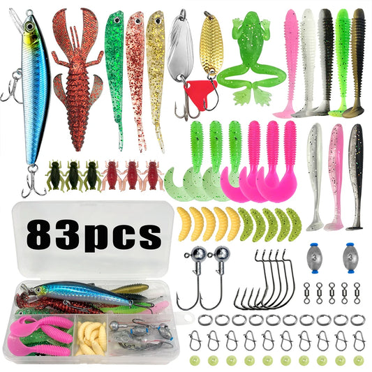 83pcs Fishing Lures Kit Soft and Hard Bait Hooks Sinker Weights Fishing Accessories Gifts for Men
