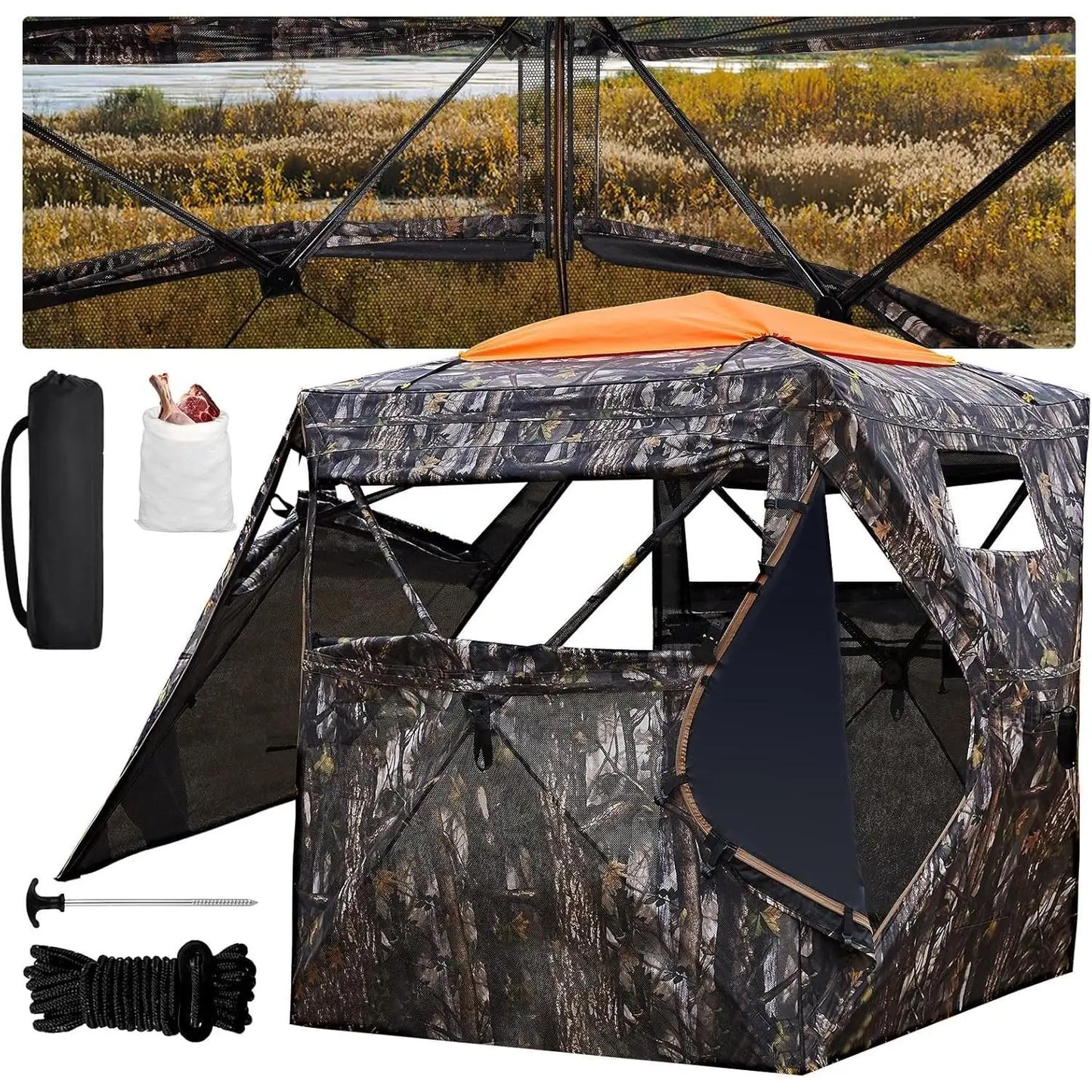 A—Hunting Blind 300D See Through Ground Blinds with Carrying Bag, 2/3/4 Person 270 Degree 2 Doors Pop Up Deer Blind Portable