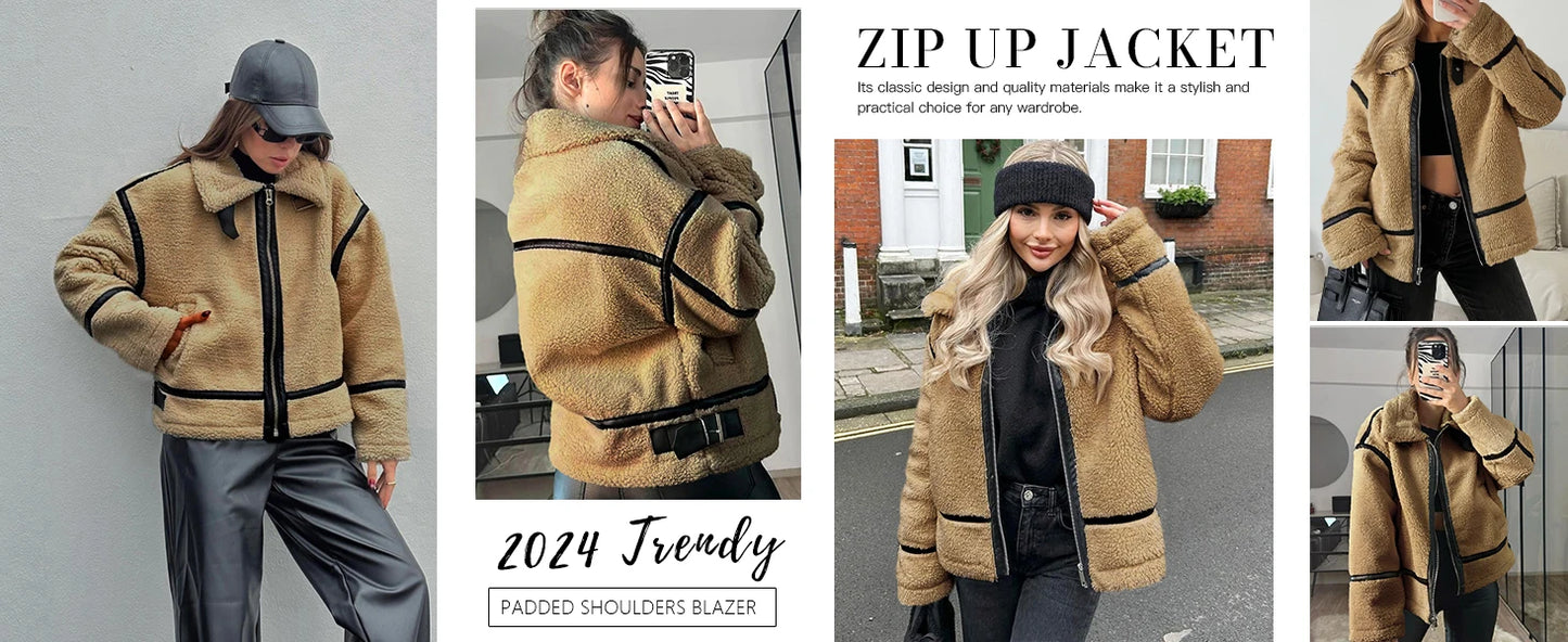 Womens Winter Autumn Daily 2025 Faux Fur Jackets Winter Trendy Sherpa Moto Leather Patchwork Zip Up Coat