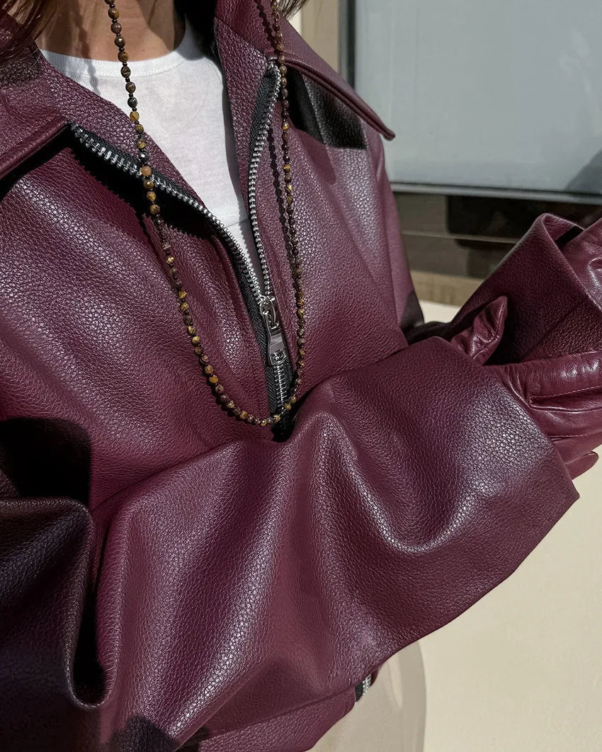 Retro motorcycle style wine red PU leather jacket for women 2025 autumn fashion matte leather jacket jacket
