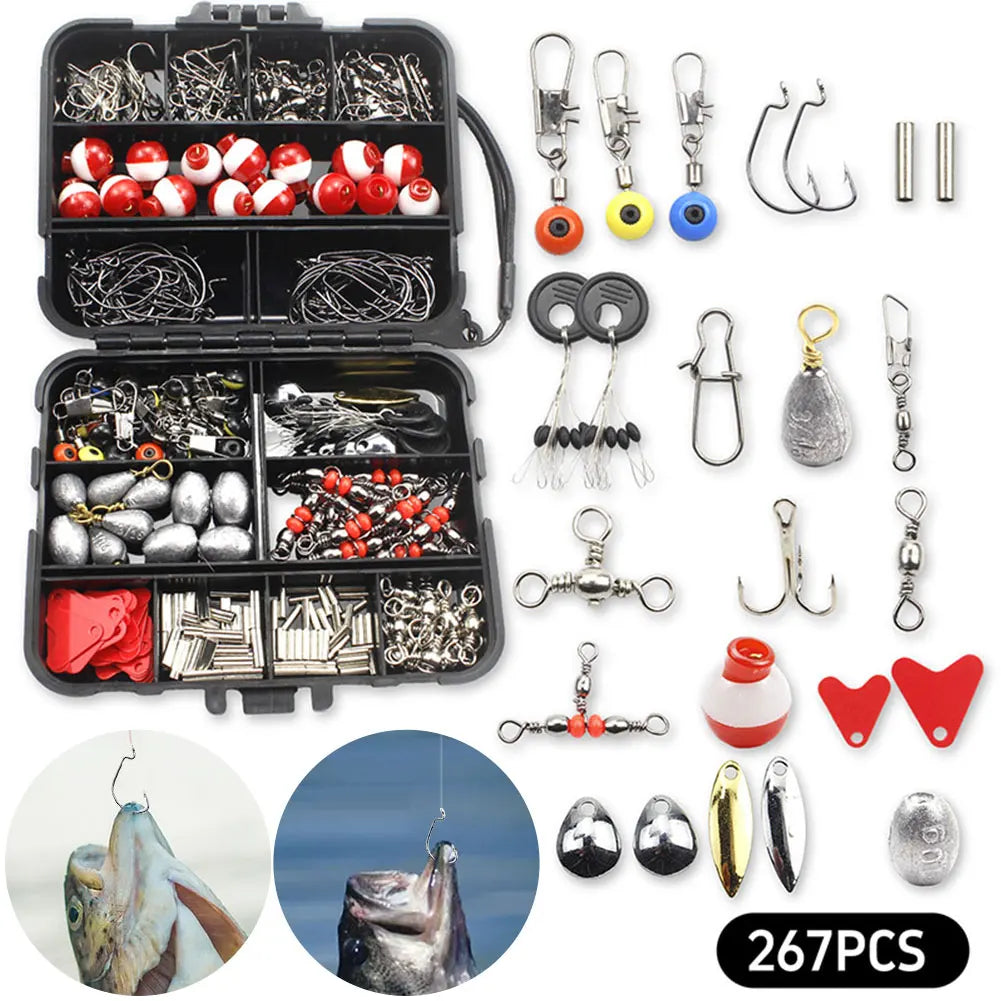 267pcs Fishing Tools Accessories Kit Set Including Box Fish Hooks Bait Parts Sinkers Fishing Gear Set Fishing Gifts for Men