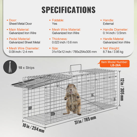 SucceBuy 24/31/42/50in Animal Cage Trap Folding Humane Cat Trap Galvanized Iron with Handle for Rabbits Squirrels Groundhogs