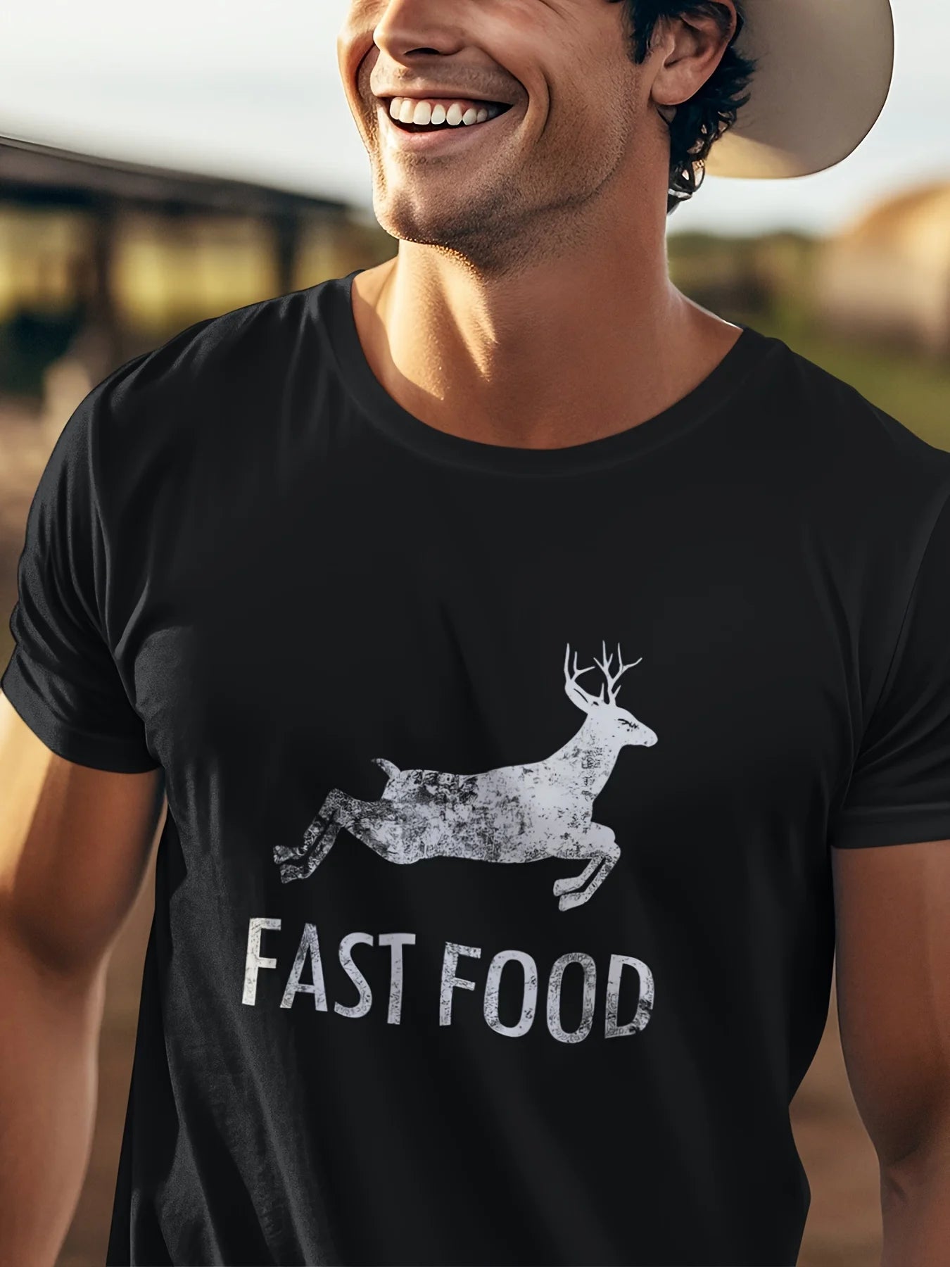 Funny Deer Hunting Tee - Men's Short Sleeve Graphic T-Shirt with Fast Food Print