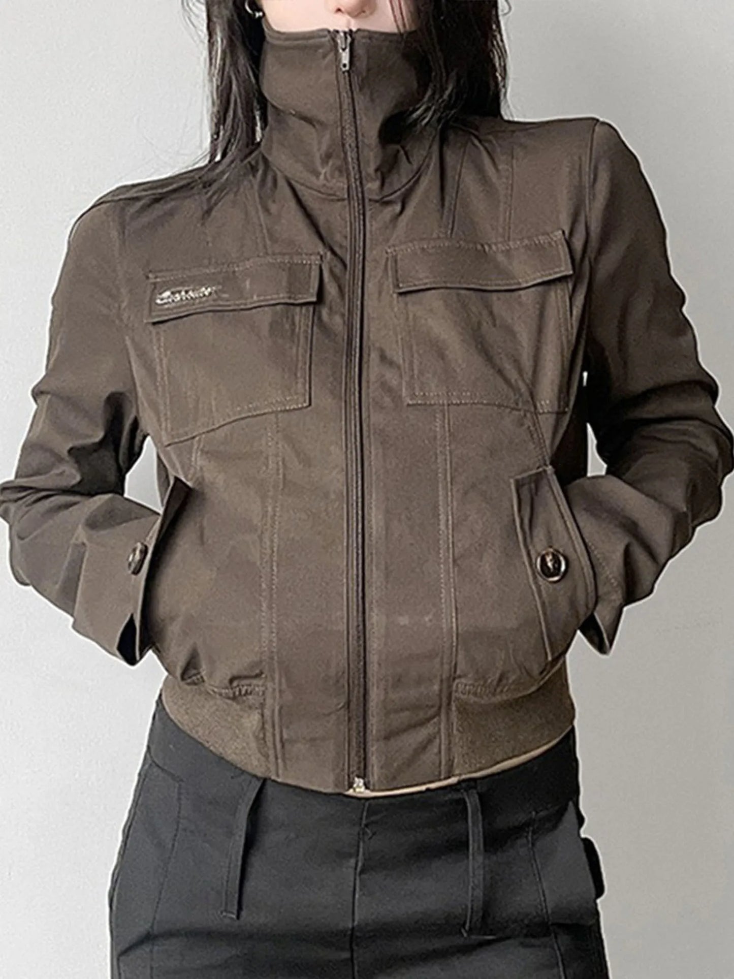 Women s Military Style Utility Jacket with Multiple Pockets and Drawstring Waist Casual Long Sleeve Zip Up Coat