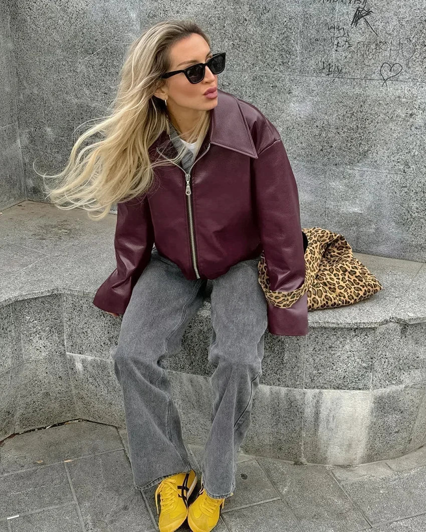 Retro motorcycle style wine red PU leather jacket for women 2025 autumn fashion matte leather jacket jacket