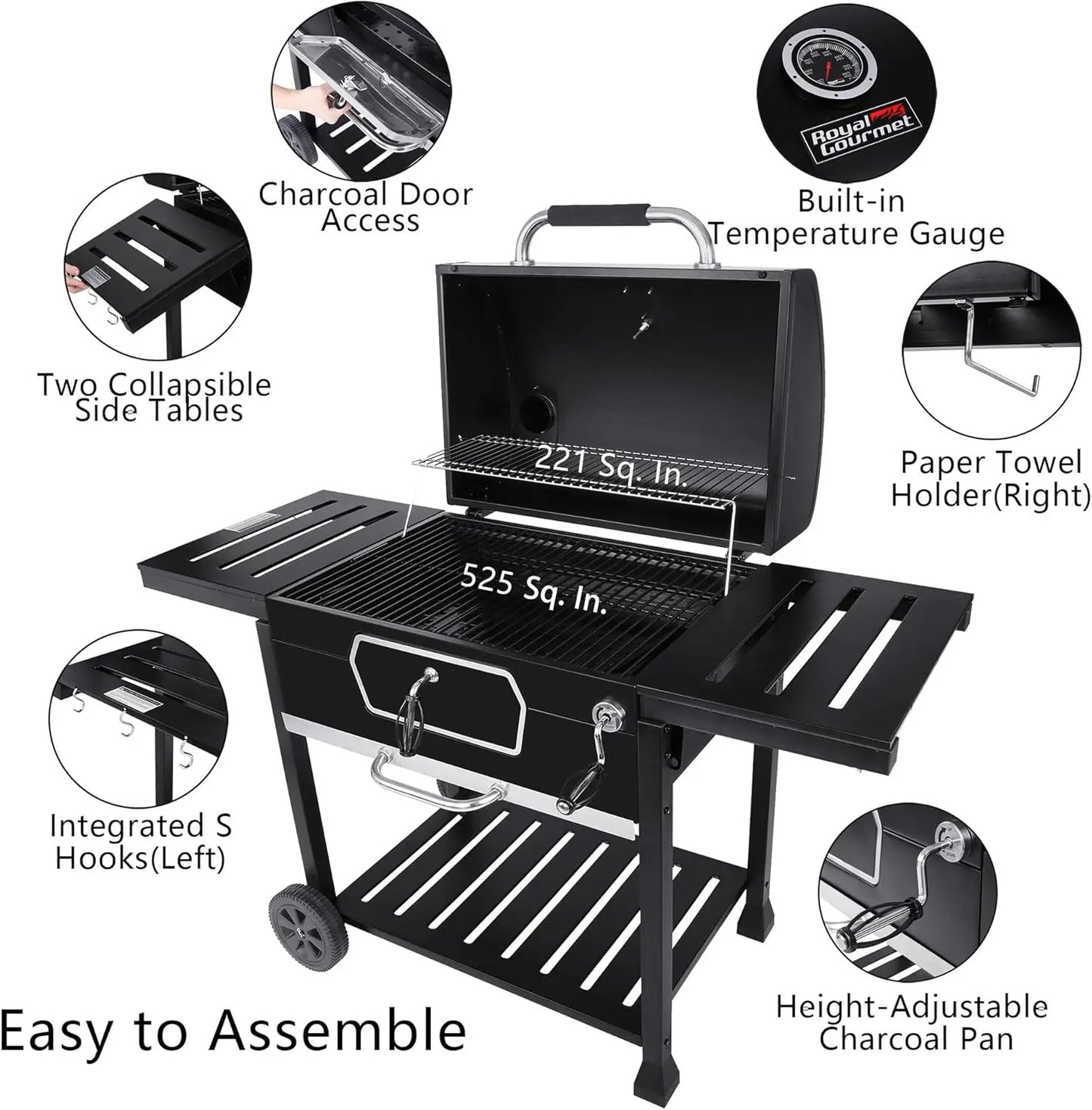 CD2030AN 30-Inch Charcoal Grill, Deluxe BBQ Smoker Picnic Camping Patio Backyard Cooking, Black, Large