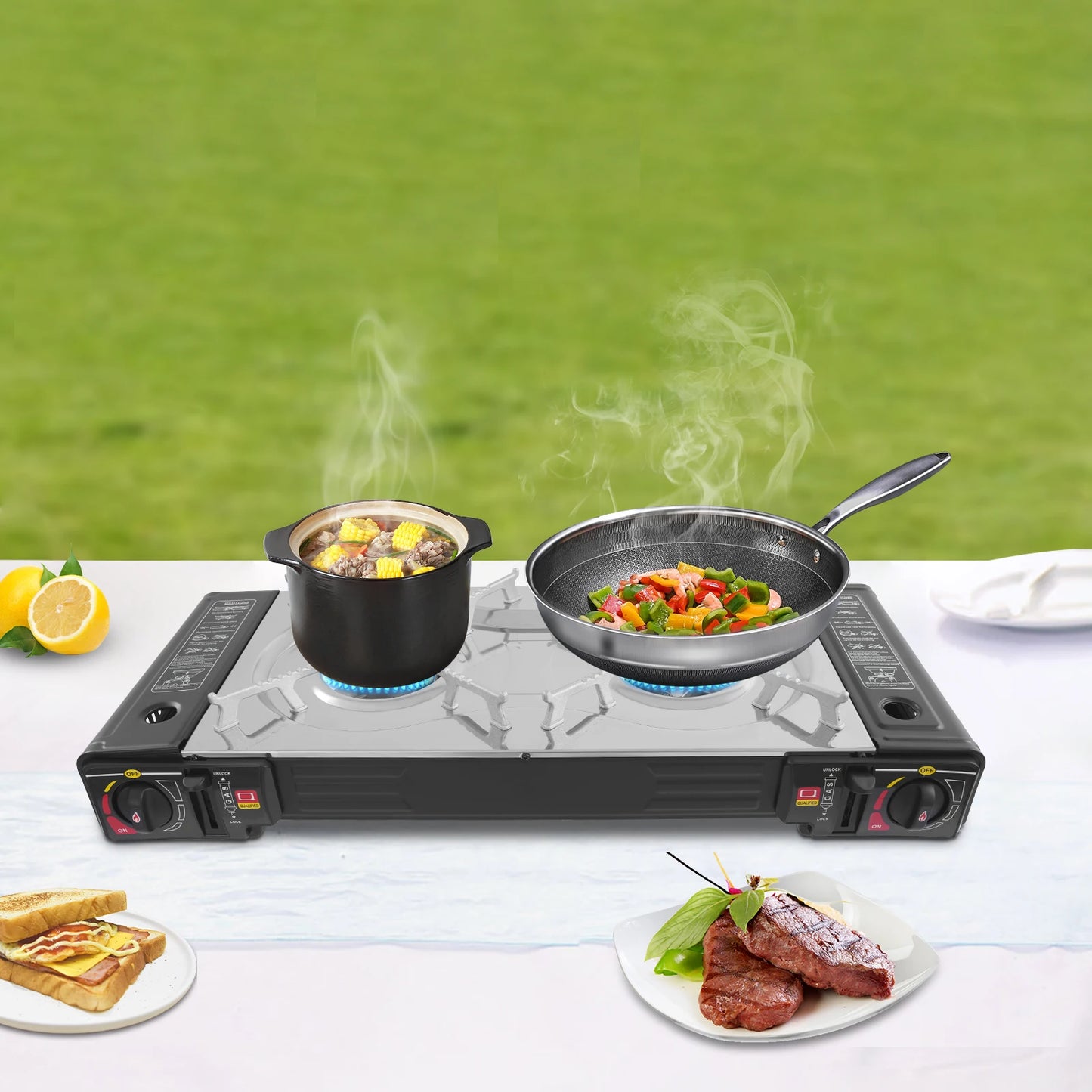 Double Head Barbecue Gas Stove Portable Camping Barbecue Stove with Baking Tray Outdoor Picnic Barbecue Tool