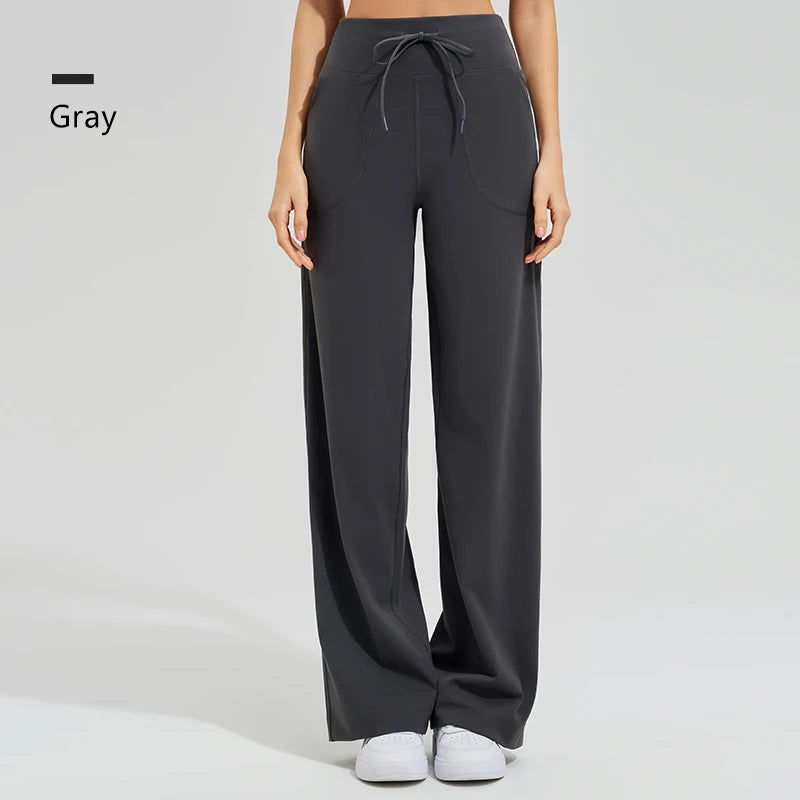 Women's High Waist Yoga Pants Gym Loose Running Yoga Pants Double Side Brushed with Pockets Pants Ties